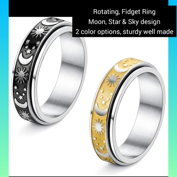 Rotating, Fidget Ring Moon, Star & Sky design2 color options, sturdy well made - Picture 1 of 7